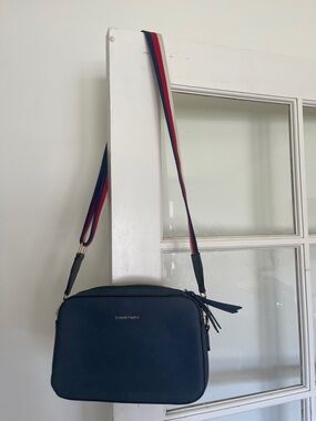 Navy Crossbody Bag with Striped Strap